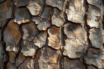 Textured pine bark with intricate cracked patterns in warm light