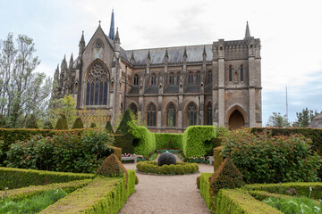 Arundel Cathedral of Our Lady and Saint Philip Howard, seen from the Gardens of Arundel Castle, West Sussex, England, UK