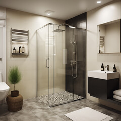 Modern bathroom interior with glass shower enclosure black vanity and patterned floor tiles