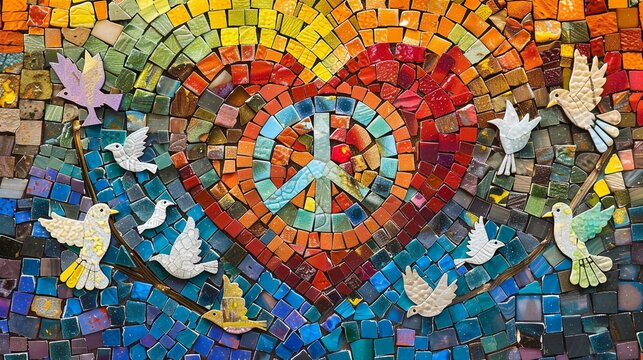 A Heart-Shaped Colorful Mosaic Made up of Iconic Peace Symbols: Olive Branches, White Doves, and the Peace Sign. Love, Harmony, and Freedom. AI Generated