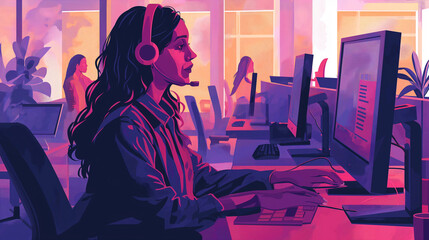 Within the bustling call center, a female agent sits at her desk, her headset on as she effortlessly navigates through customer inquiries - obrazy, fototapety, plakaty