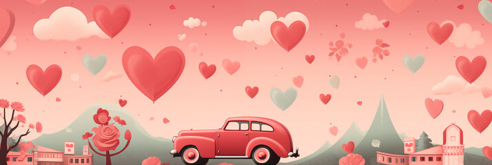Valentines day banner with car and hearts, retro illustration. Panoramic web header. Wide screen wallpaper