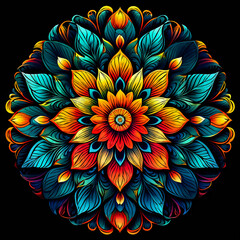 graphic design illustration of a mandala pattern crafted from an array of flowers resembling a floral wallpaper 