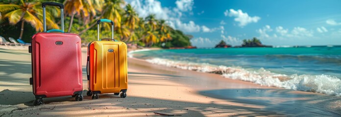 beach resort with palm trees and two suitcases. Summer vibes - obrazy, fototapety, plakaty