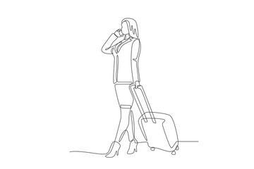 woman who is going on a business trip is contacting colleagues.Business travel one-line drawing