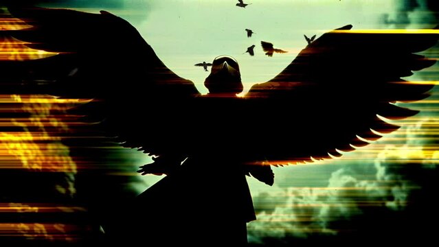 animation - Silhouette of an eagle flying at sunset with birds