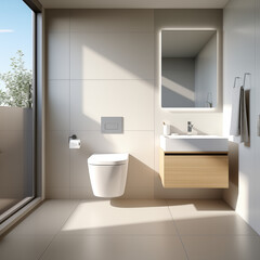 Fototapeta na wymiar Bright and airy bathroom with modern fixtures and a large window