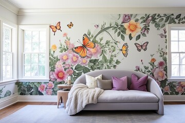 Garden-Themed Kids' Bedroom: Floral Wallpaper & Butterfly Decals Splendor