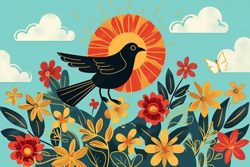 Sinhala New Year Erythrina Fusca Flowers with black Asian koel bird and a sun, flat illustration