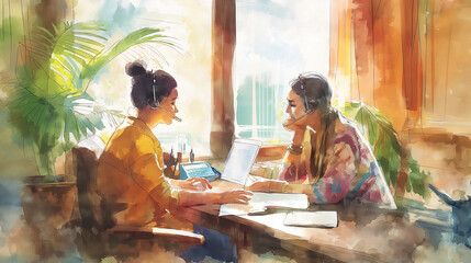 a young Indian woman wearing a headset conducts a consultation with an elderly student