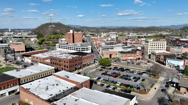 aerial push in to johnson city tennessee skyline in east tennessee
