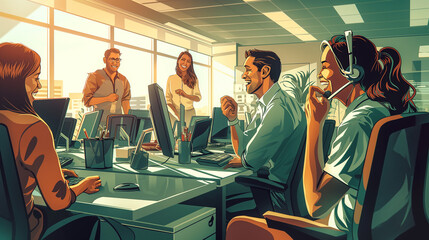  the lively atmosphere of the call center, a group of cheerful business operators takes a break, gathering around their desks to exchange jokes and laughter - obrazy, fototapety, plakaty
