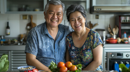 asian couple healthy, happiness, in kitchen, healthy foods
