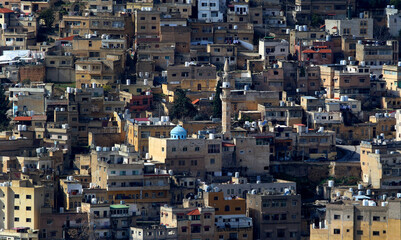 A mountain view of one side of the rural city of Salt, located between a group of mountains in Jordan