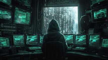 In a darkened room, a hooded figure is surrounded by multiple computer monitors, each glowing with streams of data. Their expression, though hidden by the hood - obrazy, fototapety, plakaty