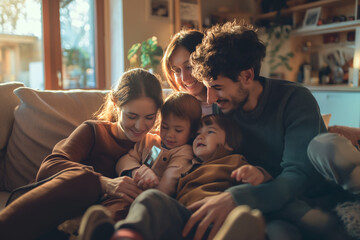 In the comfort of their home, a family of four gathers around a smart thermostat, each member taking a turn to adjust and lower the heating temperature - obrazy, fototapety, plakaty