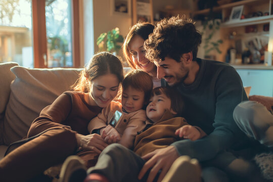 In the comfort of their home, a family of four gathers around a smart thermostat, each member taking a turn to adjust and lower the heating temperature