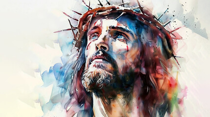 Watercolor illustration of Jesus Christ with a crown of thorns, with copy space - obrazy, fototapety, plakaty