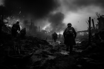 A war scene with soldiers moving through a devastated urban environment. Smoke and flames rise from the rubble, suggesting recent destruction. The atmosphere is intense and chaotic. Generative AI - obrazy, fototapety, plakaty