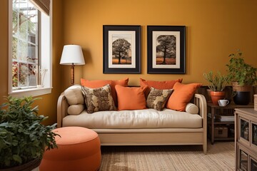 Naklejka premium Warm Color Paradise: A Cozy Haven of Guest Room Designs