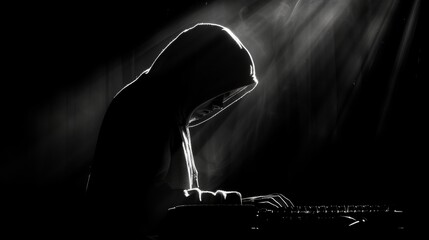 Silhouette of a mysterious person wearing a hood, backlit by a single, stark light source, creating an enigmatic aura. They are intently hacking into a computer