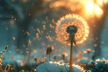  Dandelion seeds flying at sunset, abstract summer background. Generative AI © masharinkaphotos