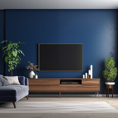 A dark blue living room with a large TV wooden console plants and a gray couch