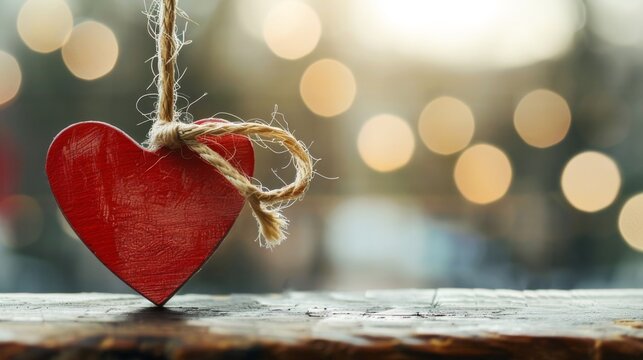 Happy Valentine's Day, Valentine Love Wedding birthday greeting card background - Closeup of red wooden heart label hanging on a string, card pendants with bokeh lights - Powered by Adobe
