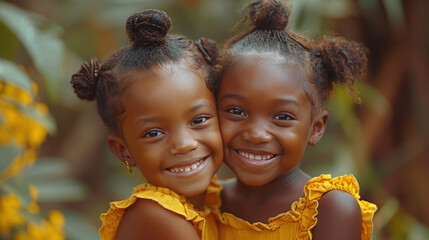 Two modern African twin girls hug and laugh. Meeting of friends. Friendship Day. International Women's Day. National Siblings Day. Twins Day. Copy space