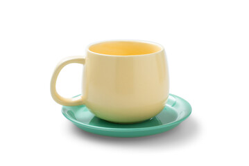 Coffee cup of cappuccino with latte art isolated on white background. Beautiful hot heart foam design in cafe shop, Yellow ceramic cup stylish place for text. Colorful Ceramic mug for espresso