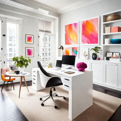 home office with a white desk and chair, accented by pops of color from vibrant art pieces and...