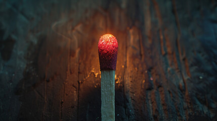 Glowing Matchstick on Dark Wooden Texture, Macro Detail - obrazy, fototapety, plakaty