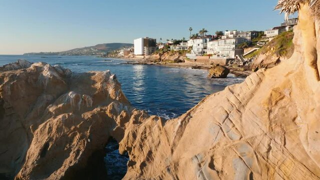 Southern California Coastal Beach Town City. Ocean Front Homes Aerial Drone Footage Laguna, La Jolla, San Clemente