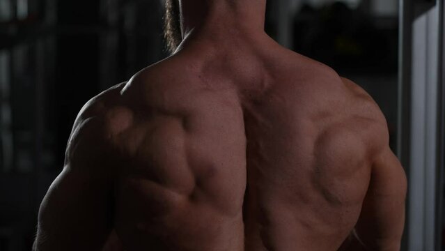 Wide grip cable seated row exercises. Muscular caucasian shirtless man doing chest row exercises on a machine. 