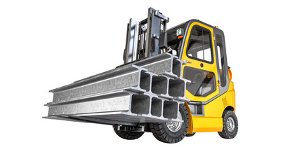 Forklift truck carrying steel beams