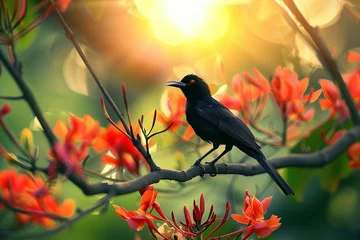 Tuinposter Sinhala New Year Erythrina Fusca Flowers with black Asian koel bird and a sun, © World of AI