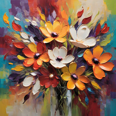 As the sun sets, abstract wildflowers in oil paint come alive with a soft, ethereal glow, evoking a sense of peaceful serenity. Abstract background.