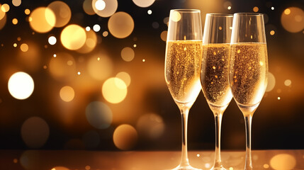 Champagne for festive cheers set against a background of golden sparkling bokeh. Glasses of sparkling wine in front of a delicate, bright gold bokeh. Horizontal background suitable for celebrations an