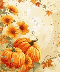 Naklejka premium An autumnal card featuring yellow flowers and orange pumpkins