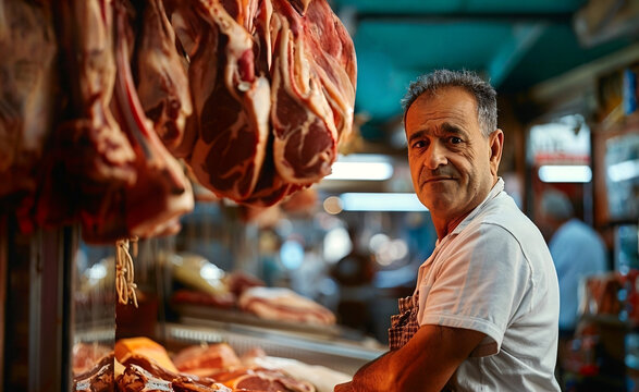 A butcher selling meat in his shop. - Powered by Adobe