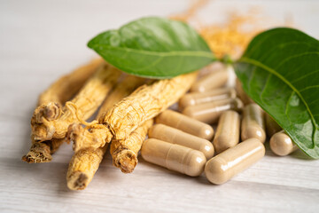 Ginseng, dried vegetable herb. Healthy food famous export food in Korea country.