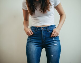 A woman is wearing blue jeans with rips in them. She is standing in front of a white wall