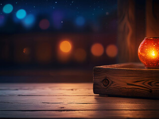 Wooden table, blurred bokeh background background. Neon light, night view, close-up. The general background