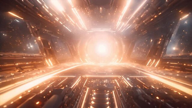 Golden Light Speed Space Tunnel. Futuristic Tech, Hyperjump, Sci-Fi Exploration.