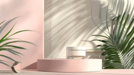 Trendy minimalist mockup, cosmetic cream with a touch of the tropics, organic skincare promotion,
