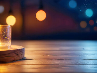 Wooden table, blurred bokeh background background. Neon light, night view, close-up. The general background