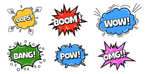 Pow comic bubble collection. Sound dialogue speech bubbles with word - WOW, Bang, OMG and other. Pop art expression in bright color and black outline. © renko_art