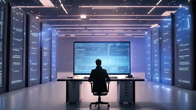 Person Monitoring a Screen in Data Center. Futuristic Data Center, Network Monitoring.