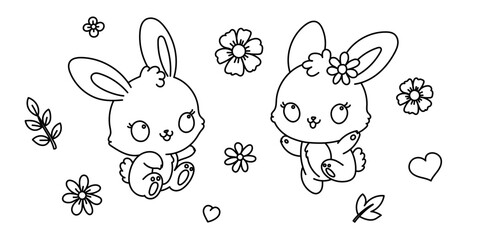 Kawaii line art coloring page for kids. Kindergarten or preschool coloring activity. Cute jumping bunnies surrounded by flowers. Kawaii rabbits vector illustration - 773929521