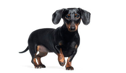Black dachshund standing against white background